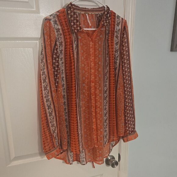 Free People Orange Long Sleeve Mandarin Collar Blouse - Picture 1 of 8